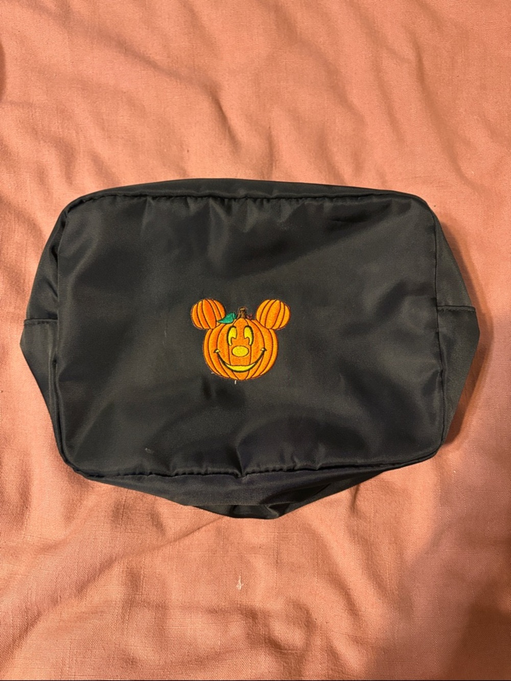 Black Cosmetic Pouch with Orange Pumpkin Embroidered Patch